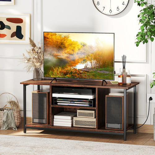 TV Stand Entertainment Center with Open Storage Shelves and Power Outlets to 50 Inches, Rustic Brown