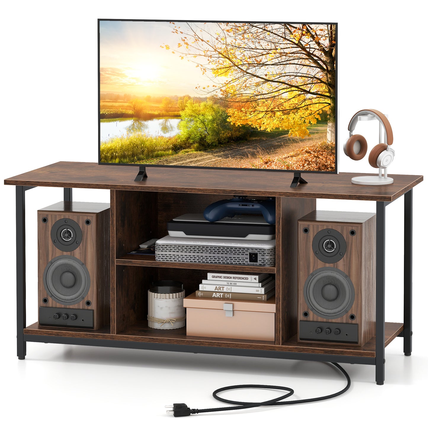 TV Stand Entertainment Center with Open Storage Shelves and Power Outlets to 50 Inches, Rustic Brown Entertainment Centers & TV Stands at Gallery Canada