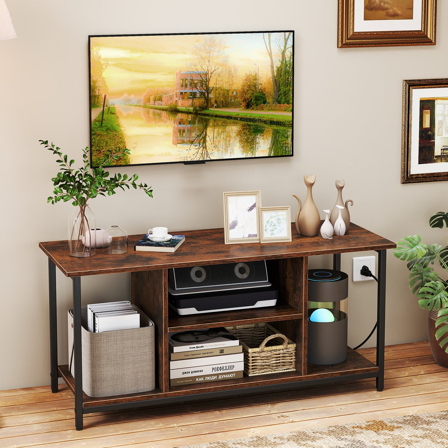 TV Stand Entertainment Center with Open Storage Shelves and Power Outlets to 50 Inches, Rustic Brown Entertainment Centers & TV Stands at Gallery Canada