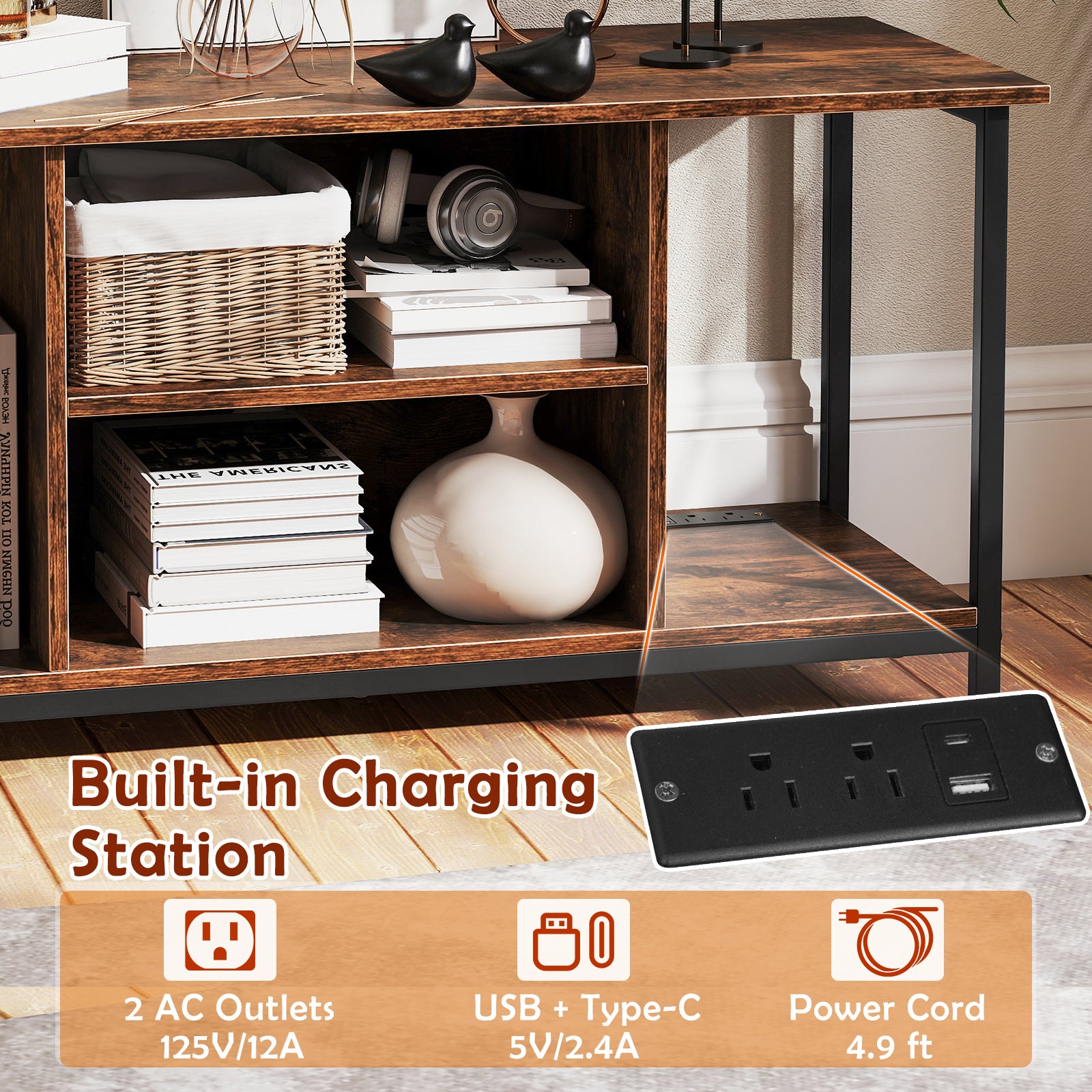 TV Stand Entertainment Center with Open Storage Shelves and Power Outlets to 50 Inches, Rustic Brown Entertainment Centers & TV Stands at Gallery Canada