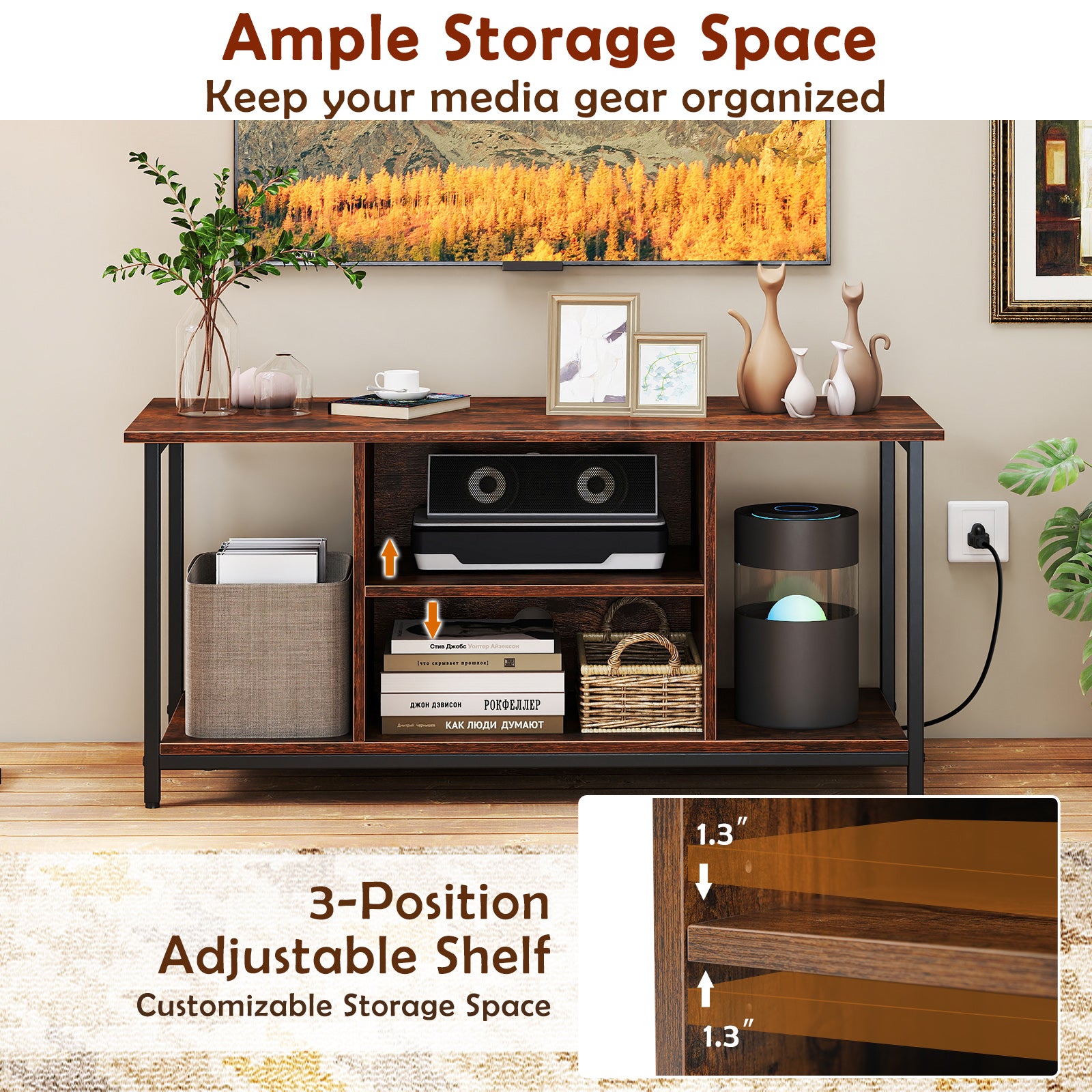 TV Stand Entertainment Center with Open Storage Shelves and Power Outlets to 50 Inches, Rustic Brown Entertainment Centers & TV Stands at Gallery Canada