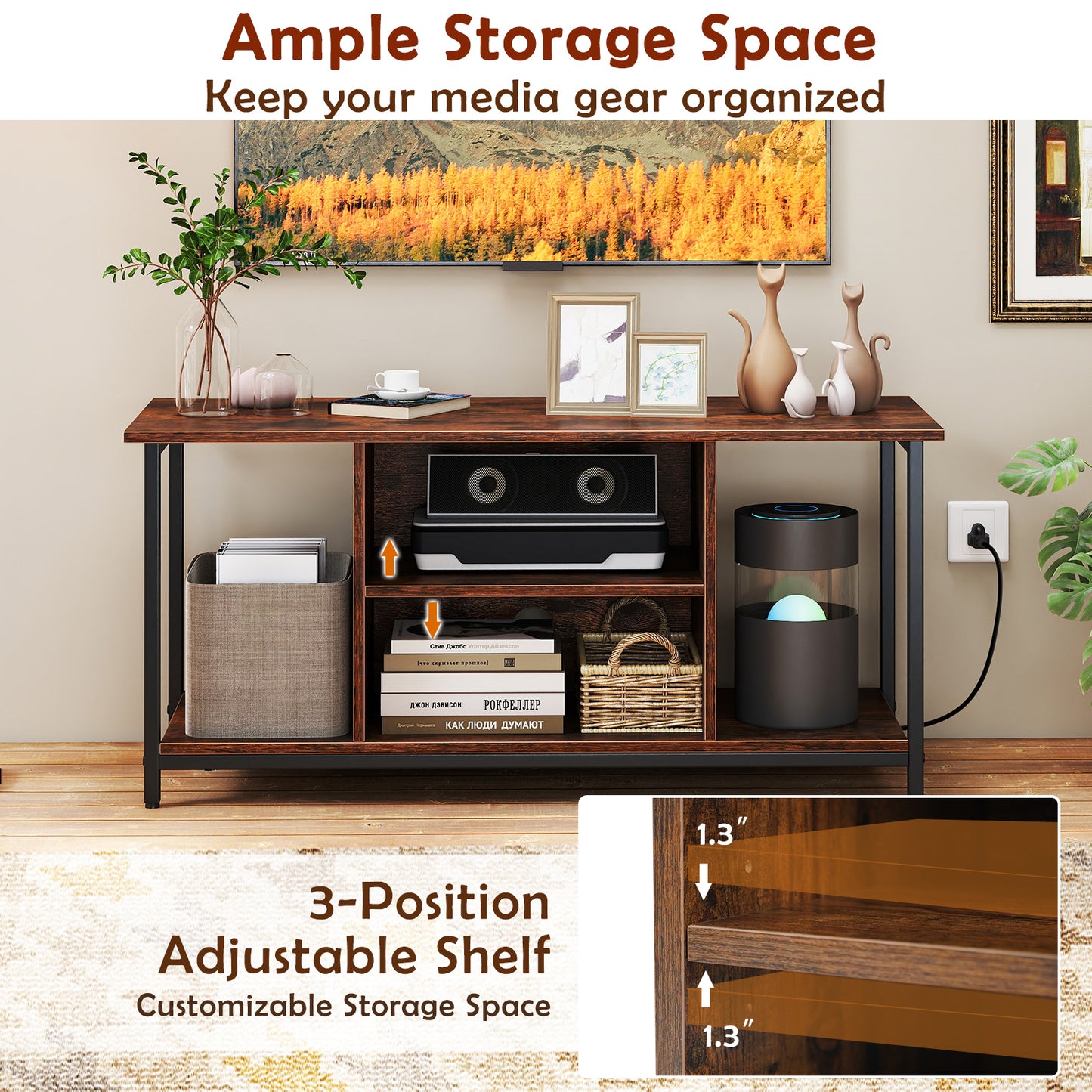 TV Stand Entertainment Center with Open Storage Shelves and Power Outlets to 50 Inches, Rustic Brown Entertainment Centers & TV Stands at Gallery Canada