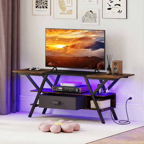 TV Stand for 65 Inch TVs with Power Outlets and LED Lights, Rustic Brown