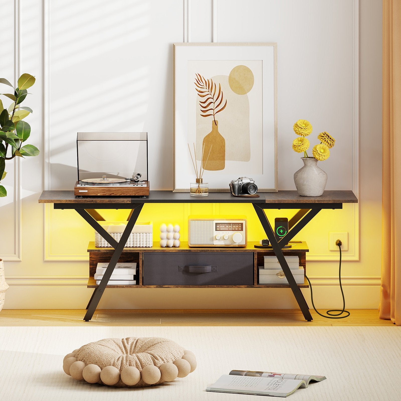 TV Stand for 65 Inch TVs with Power Outlets and LED Lights, Rustic Brown Entertainment Centers & TV Stands at Gallery Canada