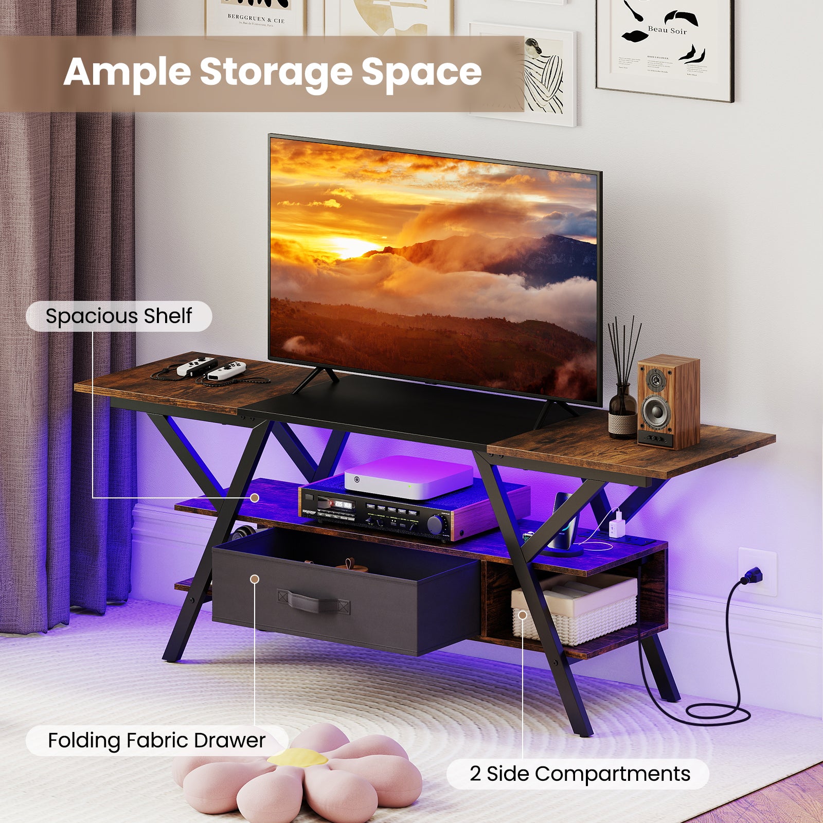 TV Stand For 65 Inch TVs, With Power Outlets And LED Lights, Rustic Brown Entertainment Centers & TV Stands at Gallery Canada