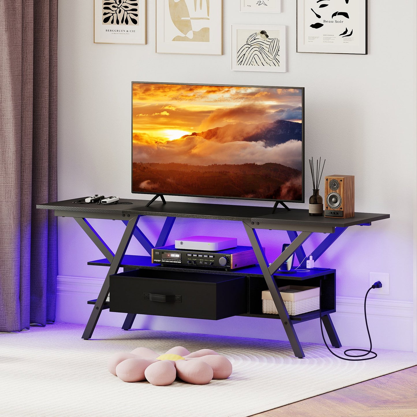 TV Stand for 65 Inch TVs with Power Outlets and LED Lights, Black Entertainment Centers & TV Stands at Gallery Canada