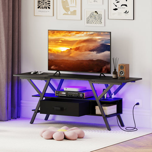 TV Stand for 65 Inch TVs with Power Outlets and LED Lights, Black
