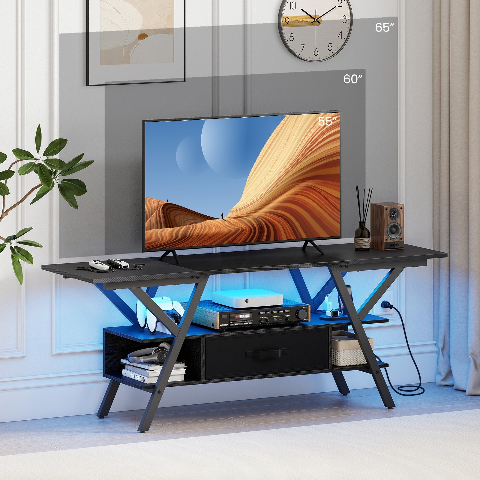 TV Stand for 65 Inch TVs with Power Outlets and LED Lights, Black Entertainment Centers & TV Stands at Gallery Canada