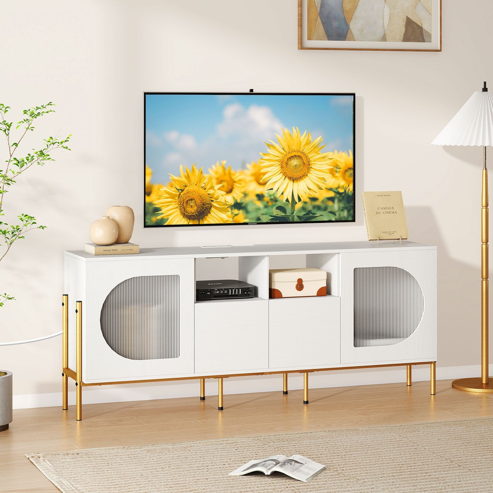 TV Stand for 70 Inch TV with Power Outlets Drawers and Open Shelves, White Entertainment Centers & TV Stands at Gallery Canada