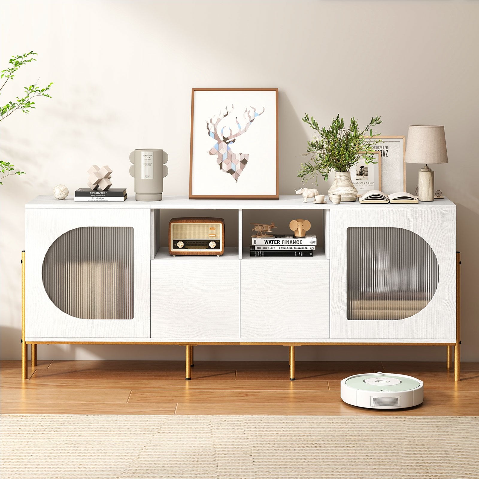 TV Stand for 70 Inch TV with Power Outlets Drawers and Open Shelves, White Entertainment Centers & TV Stands at Gallery Canada