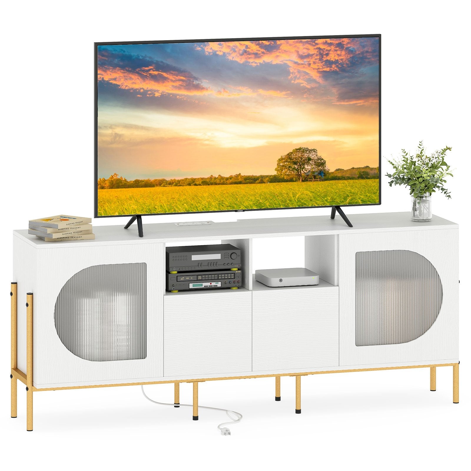 TV Stand for 70 Inch TV with Power Outlets Drawers and Open Shelves, White Entertainment Centers & TV Stands at Gallery Canada