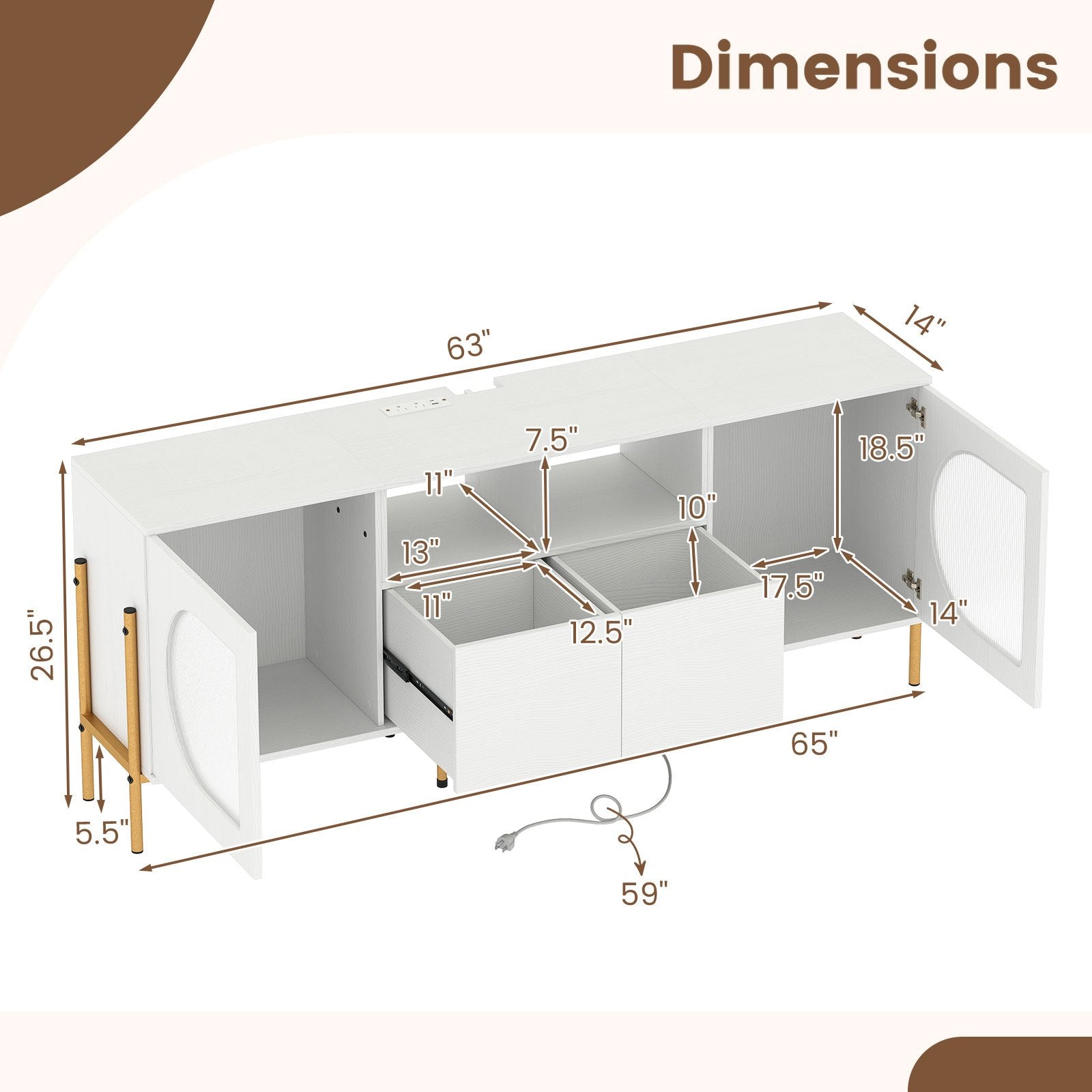 TV Stand for 70 Inch TV with Power Outlets Drawers and Open Shelves, White Entertainment Centers & TV Stands at Gallery Canada