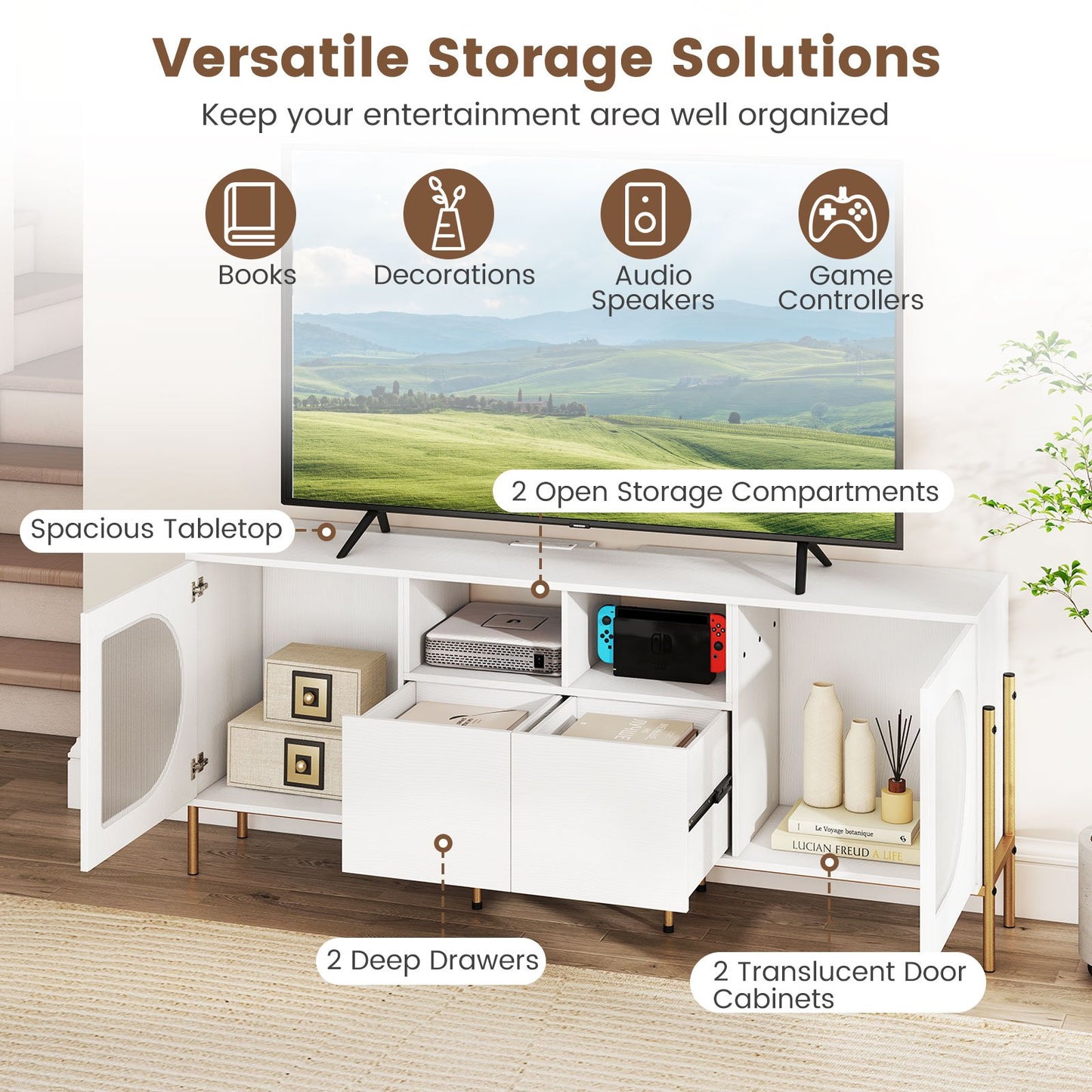 TV Stand for 70 Inch TV with Power Outlets Drawers and Open Shelves, White Entertainment Centers & TV Stands at Gallery Canada