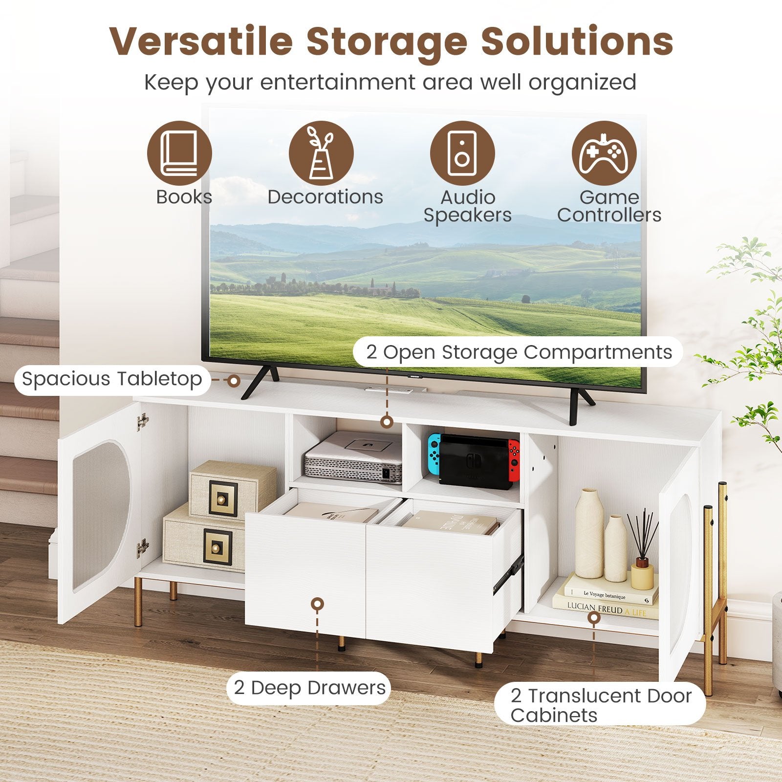 TV Stand for 70 Inch TV with Power Outlets Drawers and Open Shelves, White Entertainment Centers & TV Stands at Gallery Canada