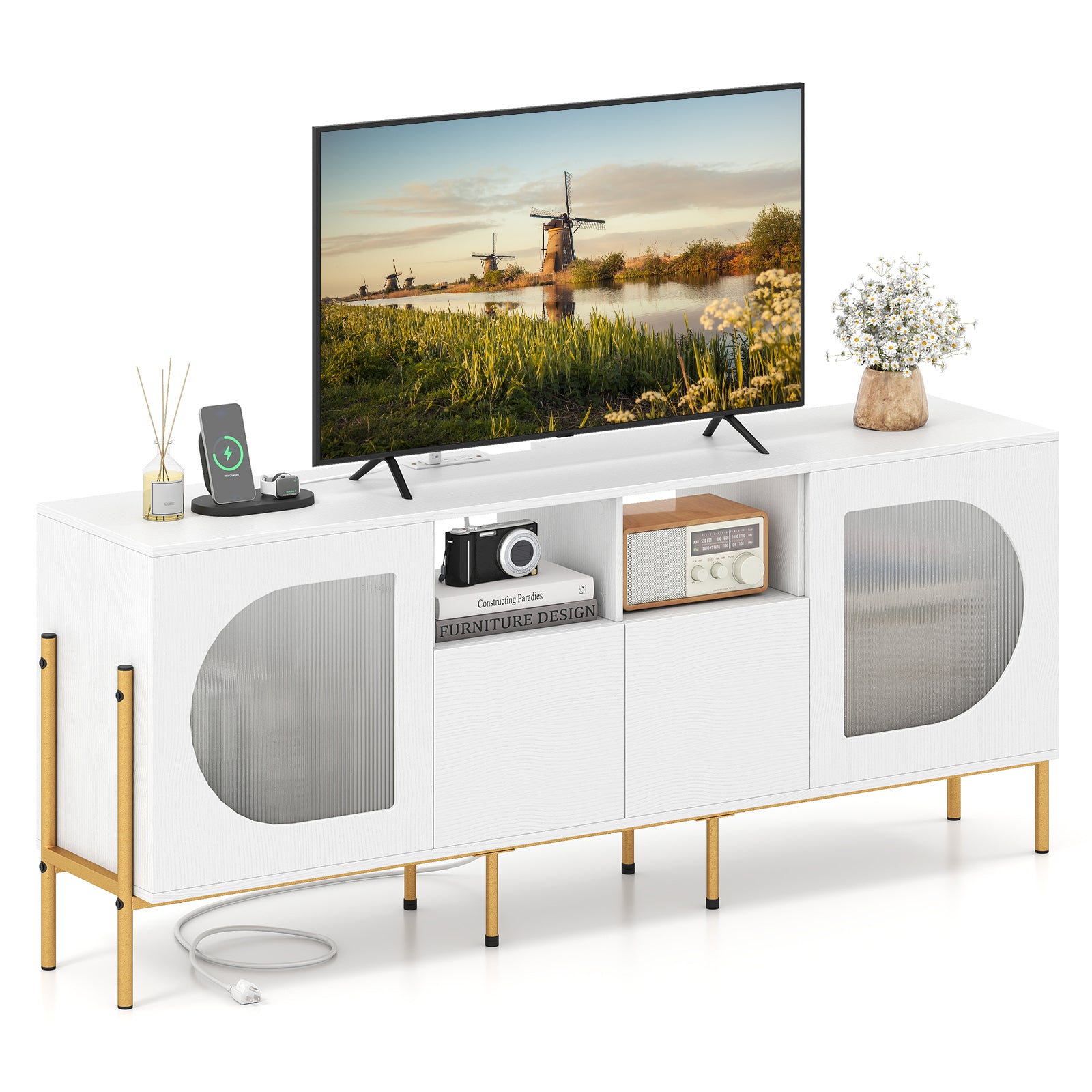 TV Stand For 70 Inch TV, With Power Outlets And Drawers, White Entertainment Centers & TV Stands at Gallery Canada