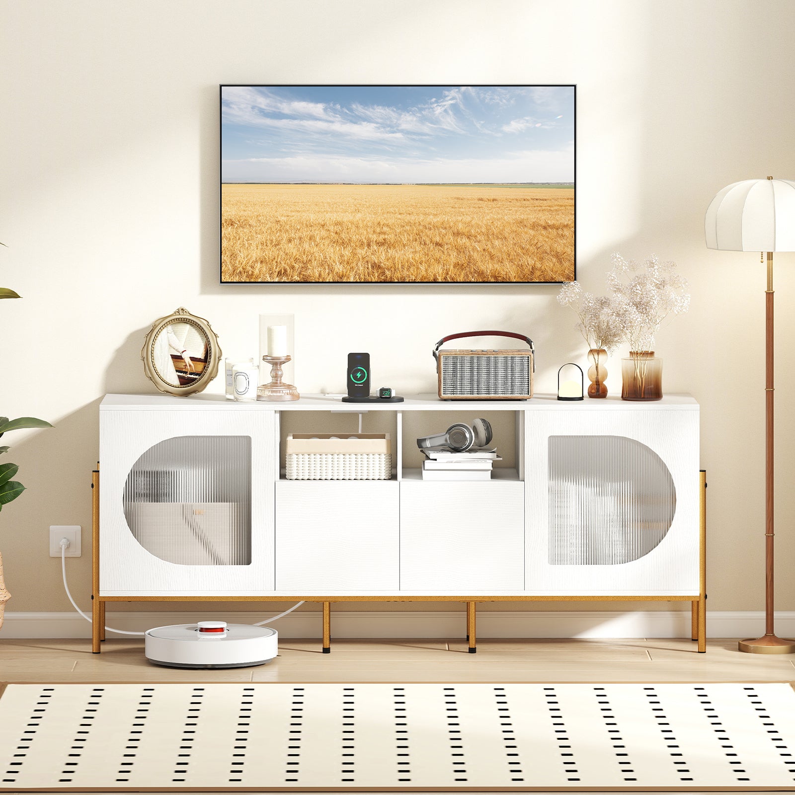 TV Stand For 70 Inch TV, With Power Outlets And Drawers, White Entertainment Centers & TV Stands at Gallery Canada
