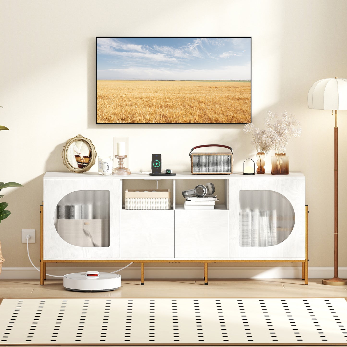 TV Stand For 70 Inch TV, With Power Outlets And Drawers, White Entertainment Centers & TV Stands at Gallery Canada