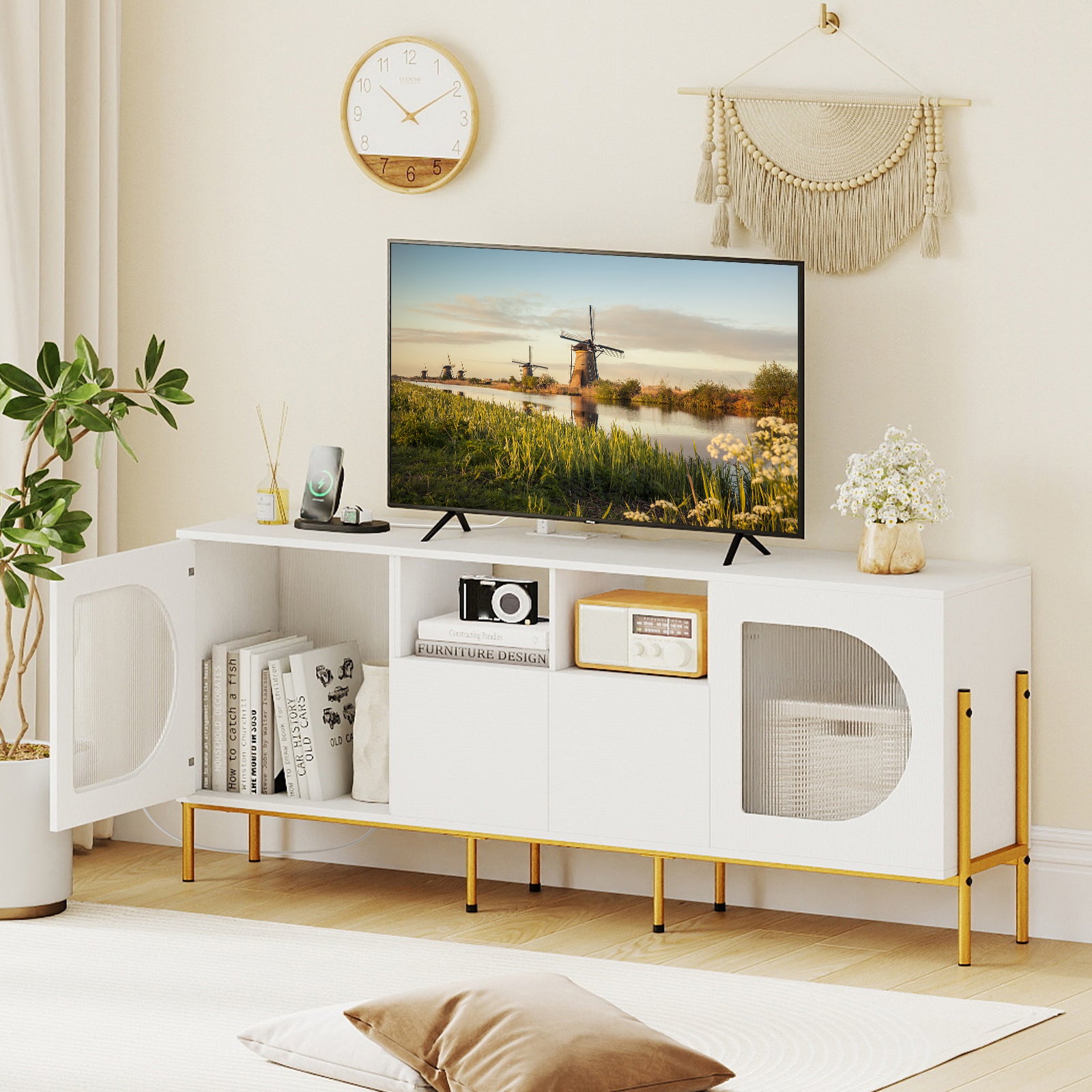 TV Stand For 70 Inch TV, With Power Outlets And Drawers, White Entertainment Centers & TV Stands at Gallery Canada