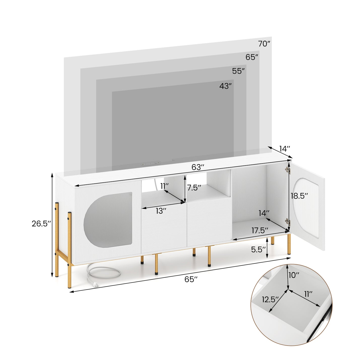 TV Stand For 70 Inch TV, With Power Outlets And Drawers, White Entertainment Centers & TV Stands at Gallery Canada