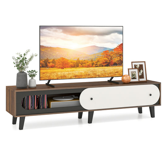 TV Stand for 80 Inch TVs Mid Century Modern Entertainment Center with Sliding Door Cabinet, Walnut