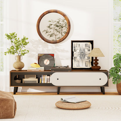 TV Stand for 80 Inch TVs Mid Century Modern Entertainment Center with Sliding Door Cabinet, Walnut