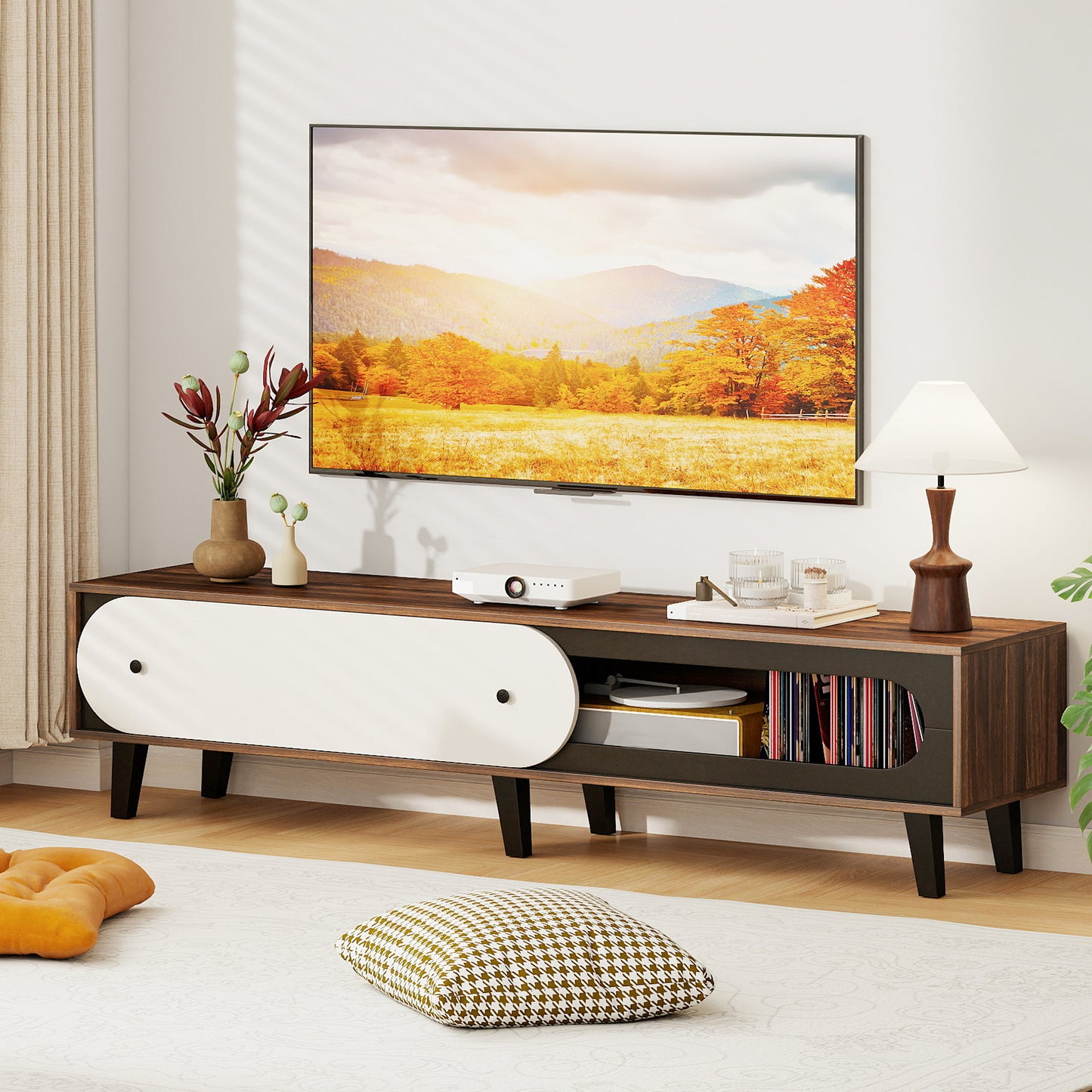 TV Stand for 80 Inch TVs Mid Century Modern Entertainment Center with Sliding Door Cabinet, Walnut