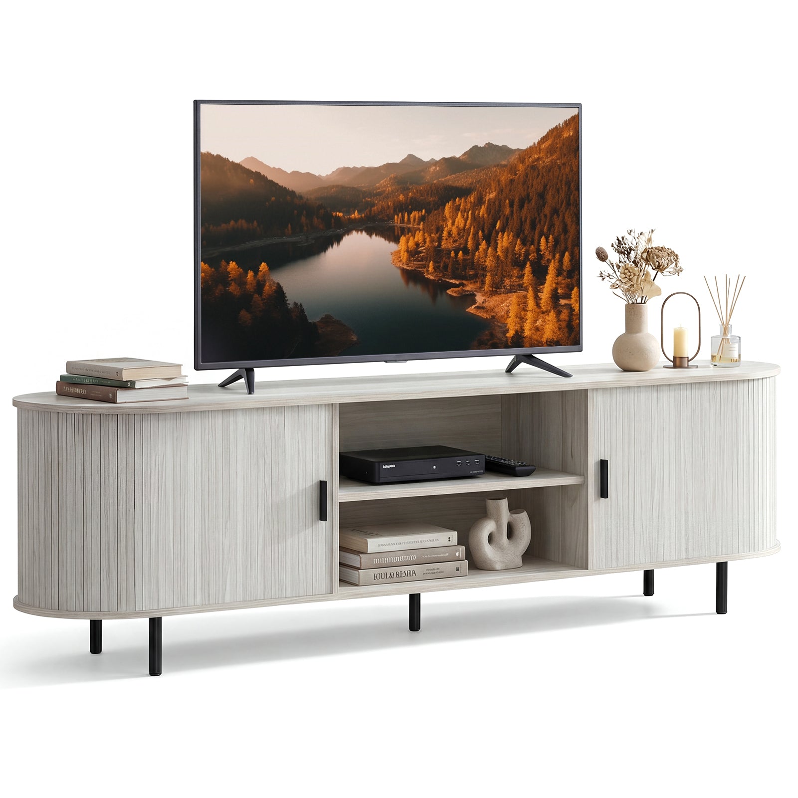 TV Stand For 80 Inch TVs, Mid Century Modern, Fluted Sliding Doors, Natural Entertainment Centers & TV Stands Natural at Gallery Canada