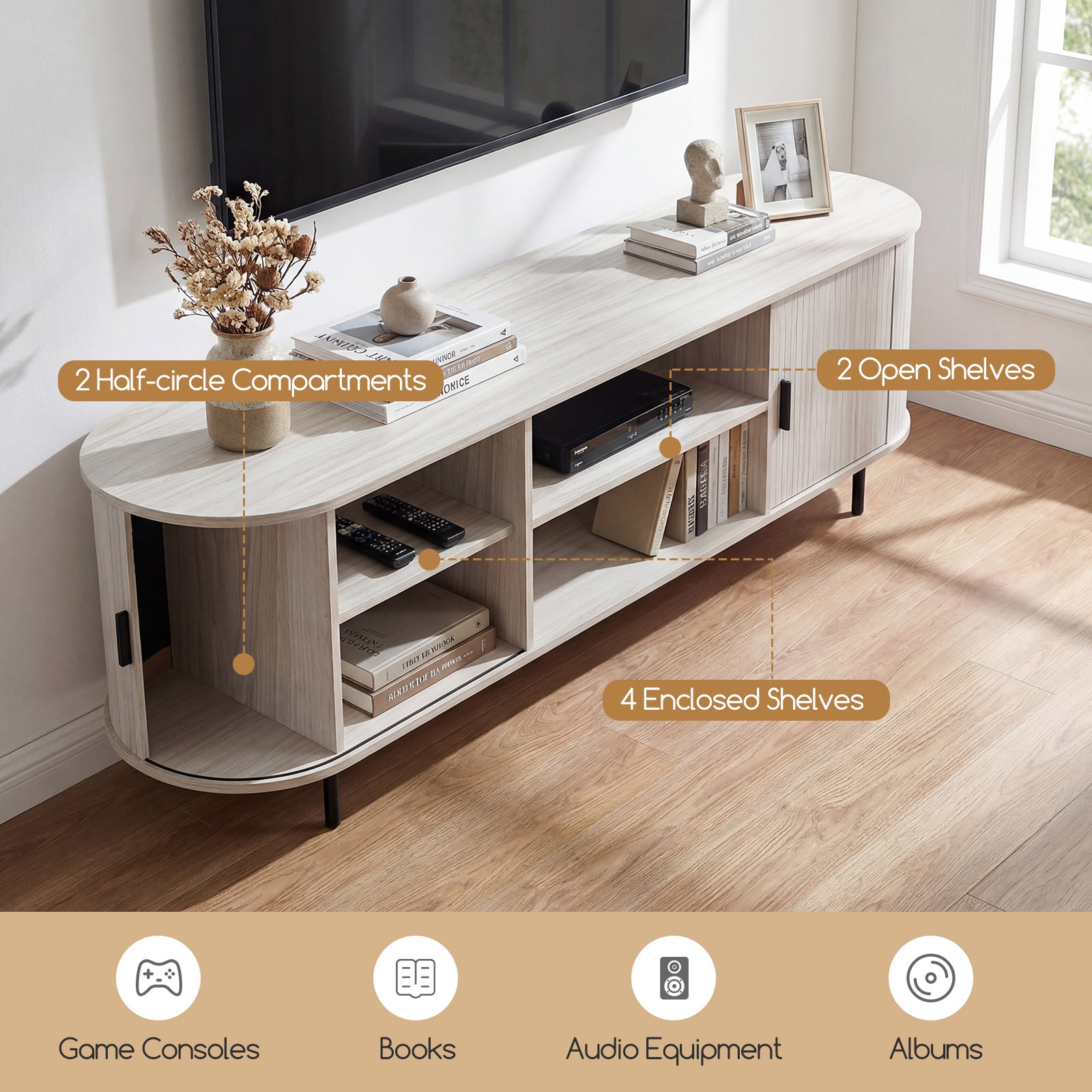 TV Stand For 80 Inch TVs, Mid Century Modern, Fluted Sliding Doors, Natural Entertainment Centers & TV Stands at Gallery Canada