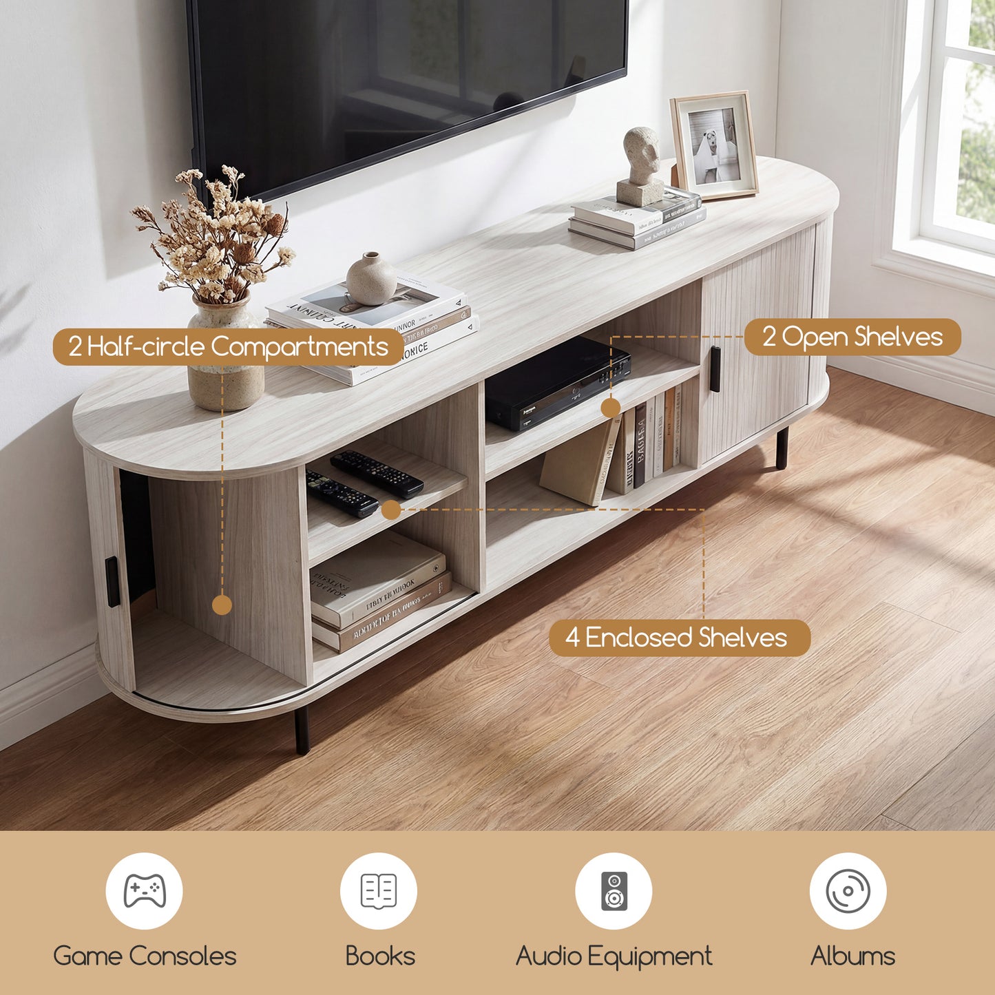 TV Stand For 80 Inch TVs, Mid Century Modern, Fluted Sliding Doors, Natural Entertainment Centers & TV Stands at Gallery Canada