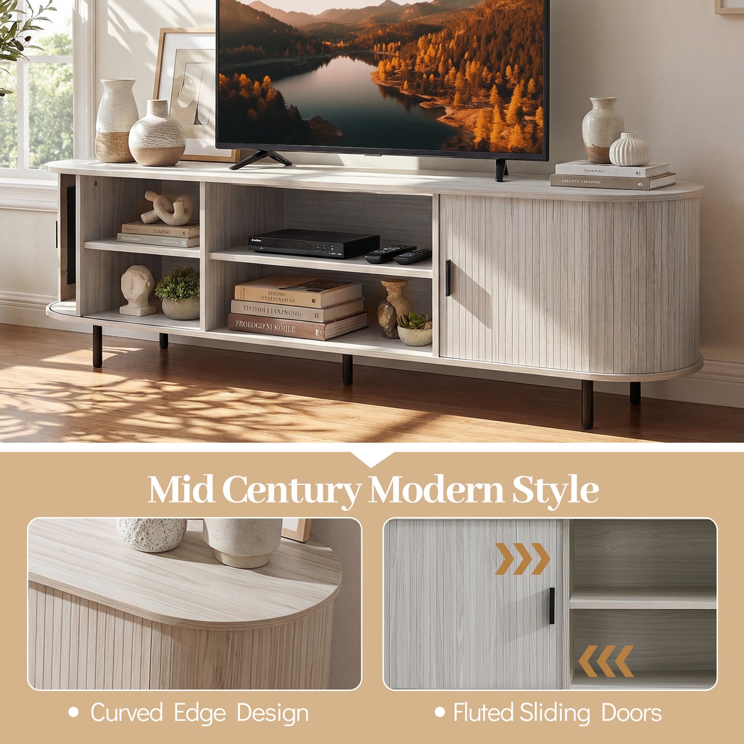 TV Stand For 80 Inch TVs, Mid Century Modern, Fluted Sliding Doors, Natural Entertainment Centers & TV Stands at Gallery Canada