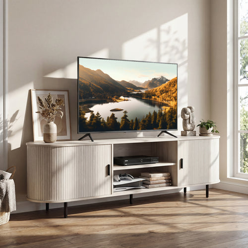 TV Stand For 80 Inch TVs, Mid Century Modern, Fluted Sliding Doors, Natural