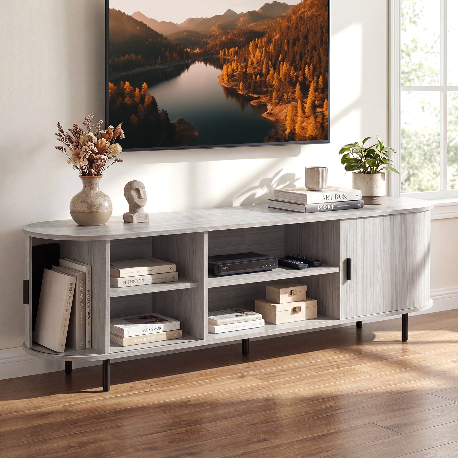 TV Stand For 80 Inch TVs, Mid Century Modern, Fluted Sliding Doors, Natural Entertainment Centers & TV Stands at Gallery Canada