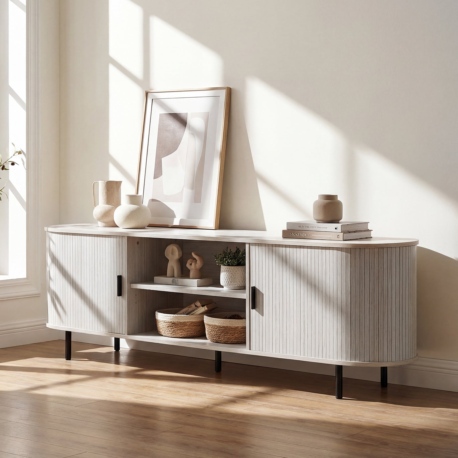 TV Stand For 80 Inch TVs, Mid Century Modern, Fluted Sliding Doors, Natural Entertainment Centers & TV Stands at Gallery Canada