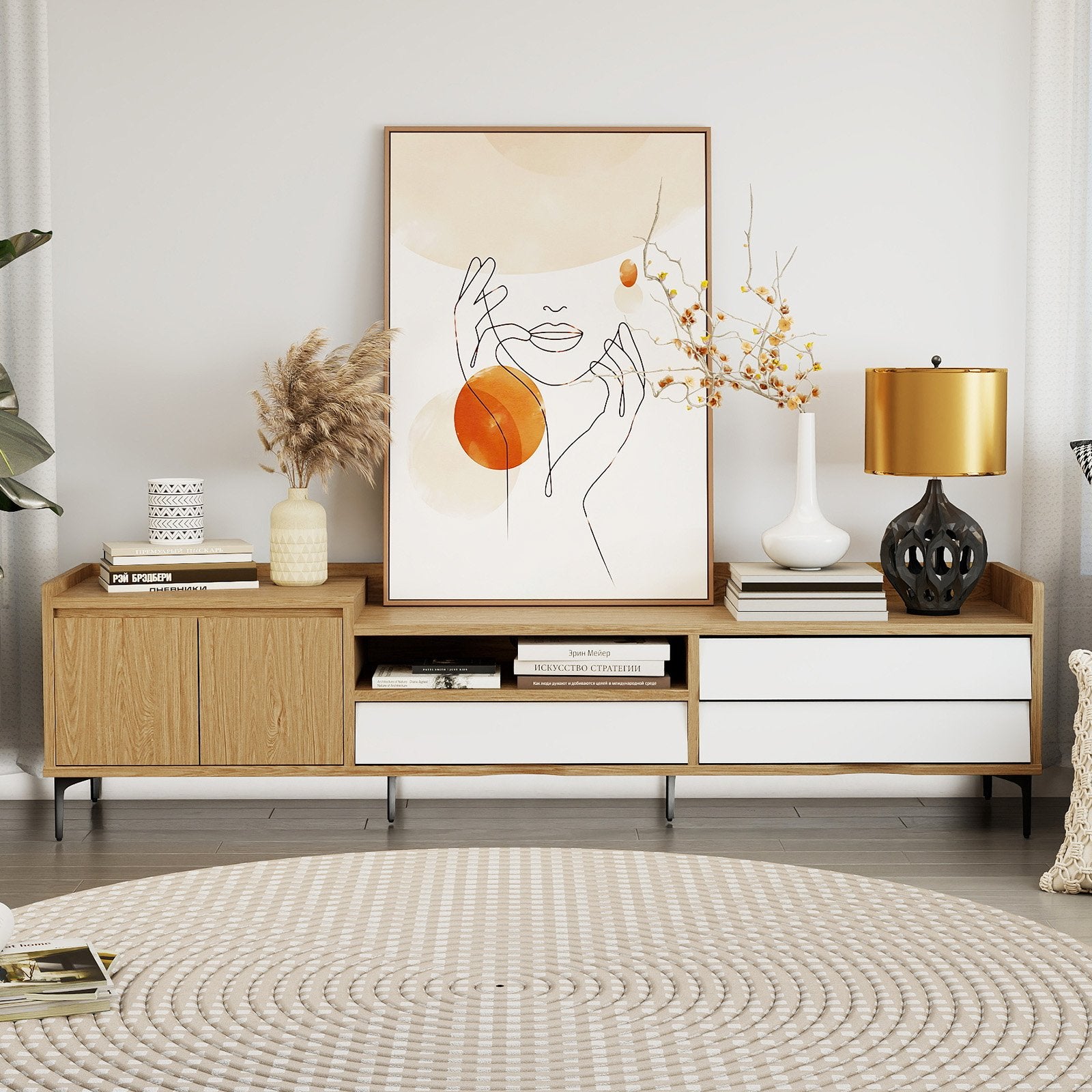 TV Stand for TVs up to 80 Inch Mid Century Modern Entertainment Center with Storage Cabinet, Natural Entertainment Centers & TV Stands at Gallery Canada