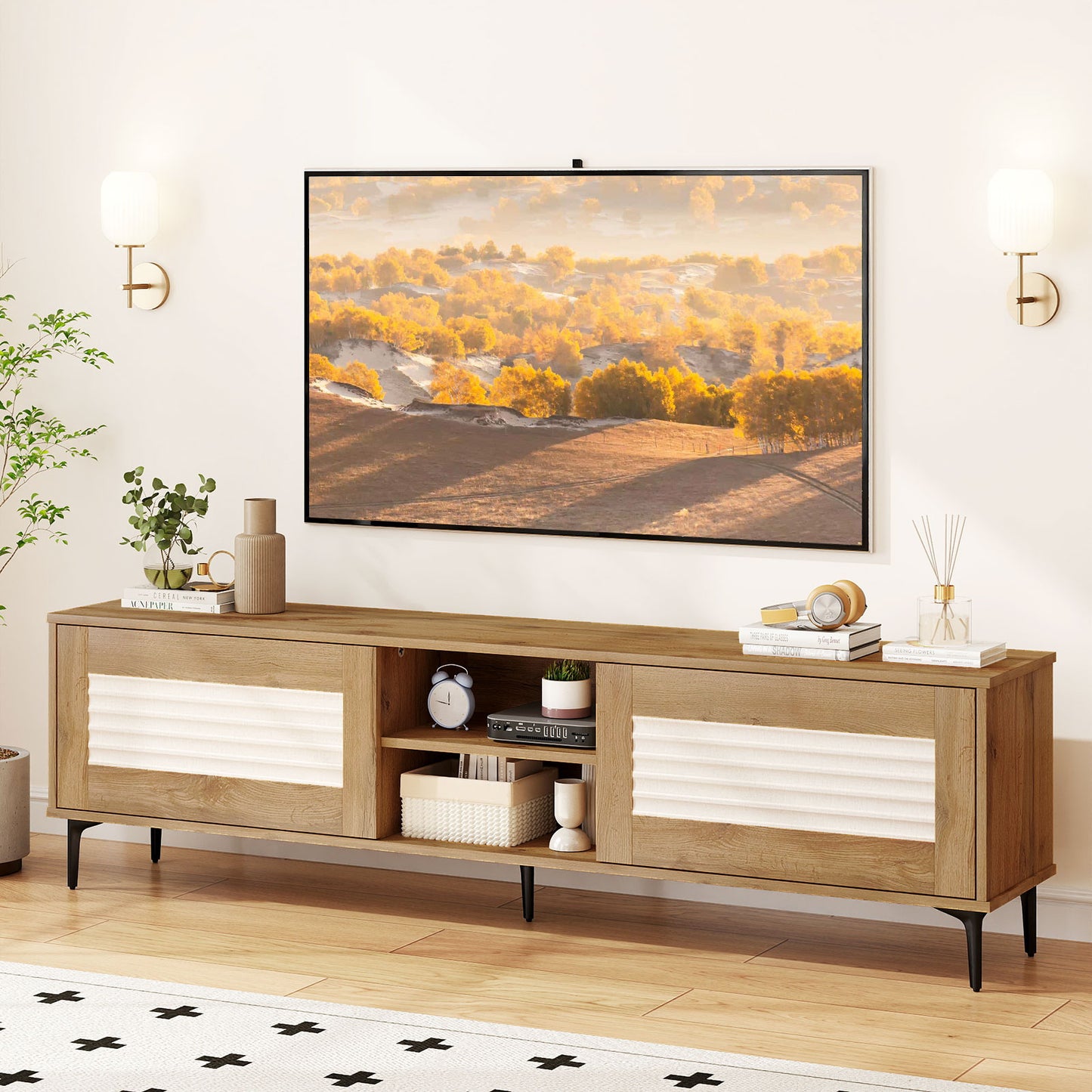 TV Stand for TVs up to 70 Inch Waveform Fluted Entertainment Center, Oak Entertainment Centers & TV Stands at Gallery Canada