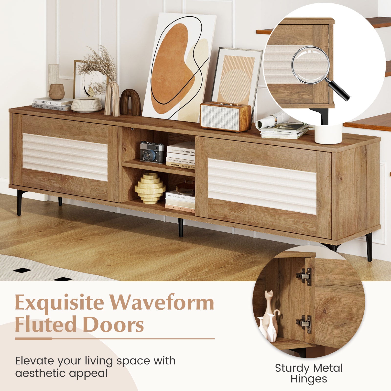 TV Stand for TVs up to 70 Inch Waveform Fluted Entertainment Center, Oak Entertainment Centers & TV Stands at Gallery Canada