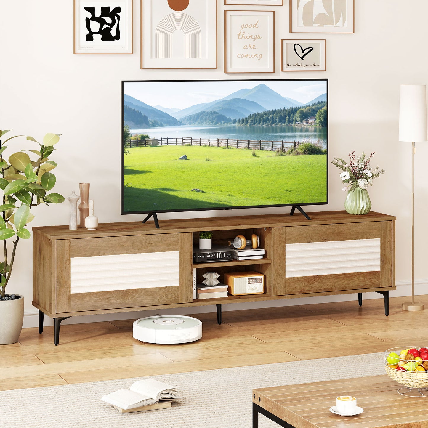 TV Stand for TVs up to 70 Inch Waveform Fluted Entertainment Center, Oak Entertainment Centers & TV Stands at Gallery Canada