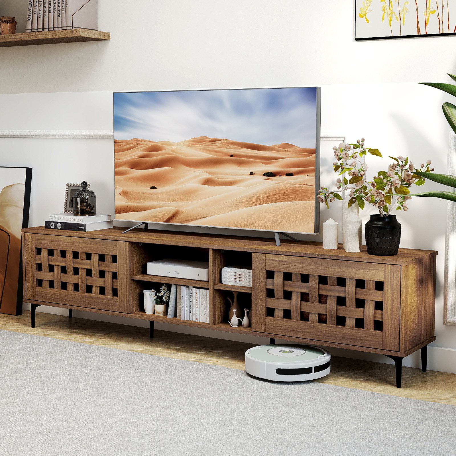 TV Stand for TVs up to 80" with 2 Doors and Storage Cabinets, Walnut Entertainment Centers & TV Stands at Gallery Canada