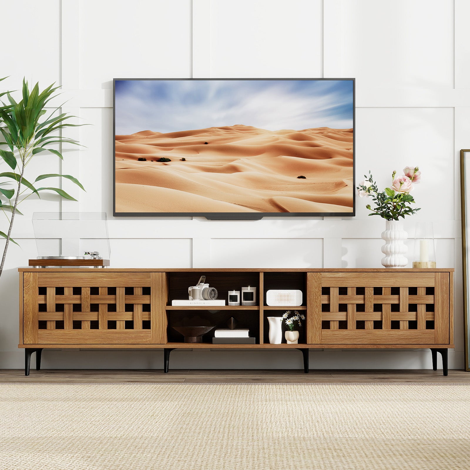TV Stand for TVs up to 80" with 2 Doors and Storage Cabinets, Walnut Entertainment Centers & TV Stands at Gallery Canada