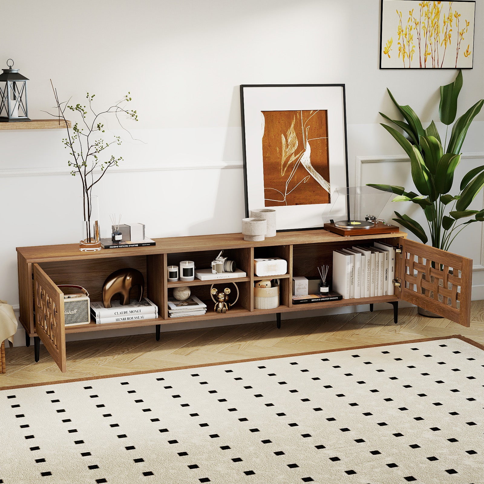 TV Stand for TVs up to 80" with 2 Doors and Storage Cabinets, Walnut Entertainment Centers & TV Stands at Gallery Canada