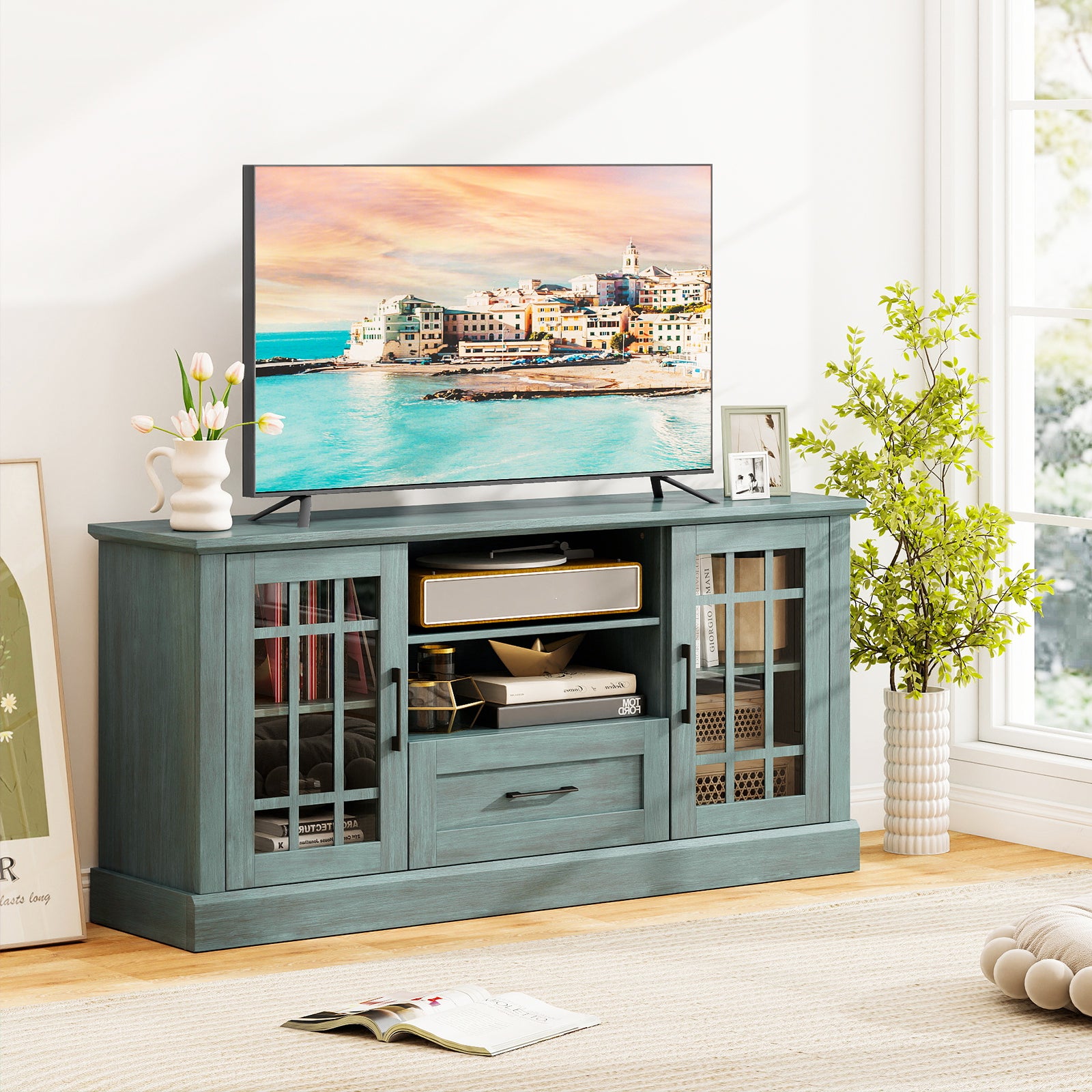 TV Stand for TVs up to 70 with Glass Doors Cubbies and Drawer, Green Entertainment Centers & TV Stands at Gallery Canada