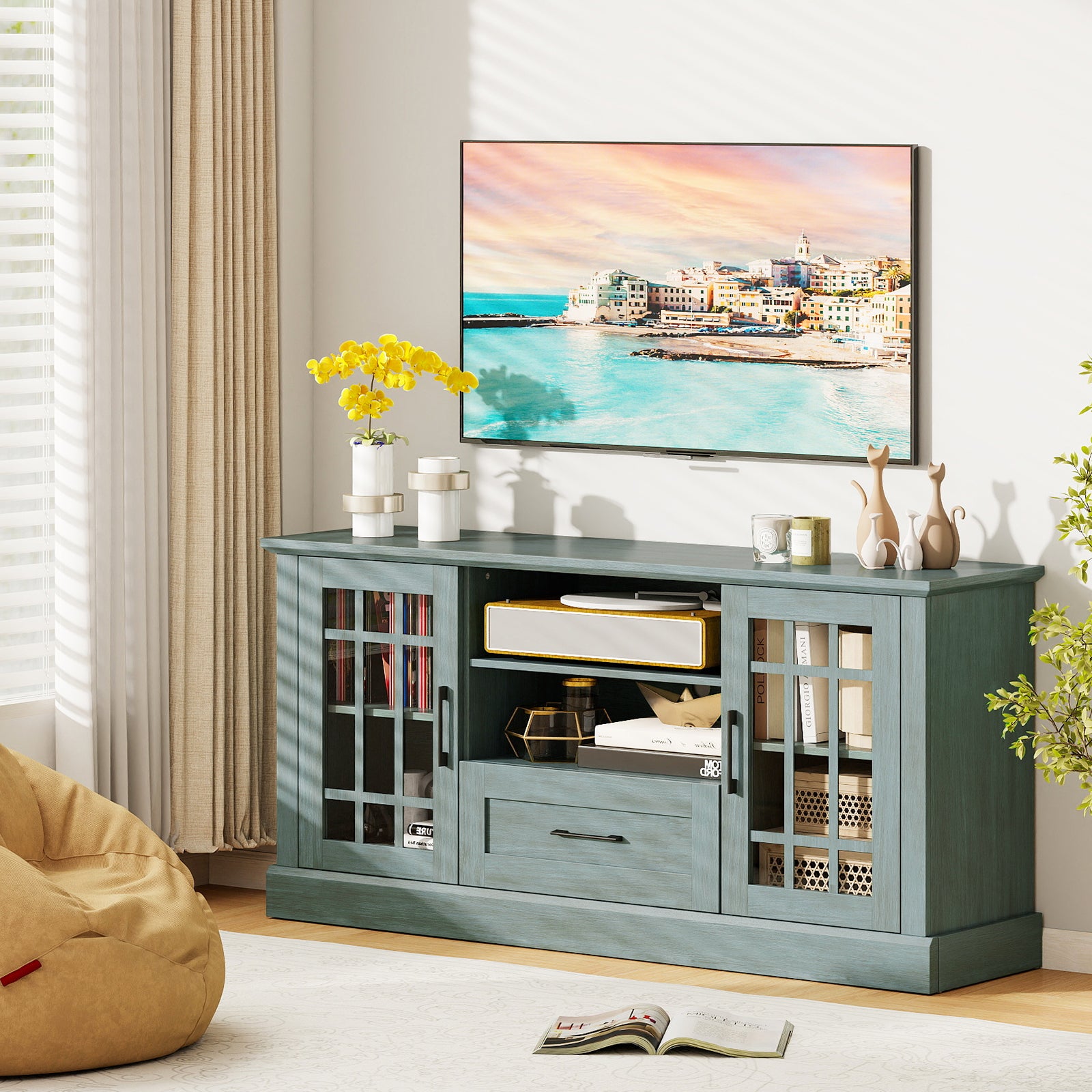 TV Stand for TVs up to 70 with Glass Doors Cubbies and Drawer, Green Entertainment Centers & TV Stands at Gallery Canada