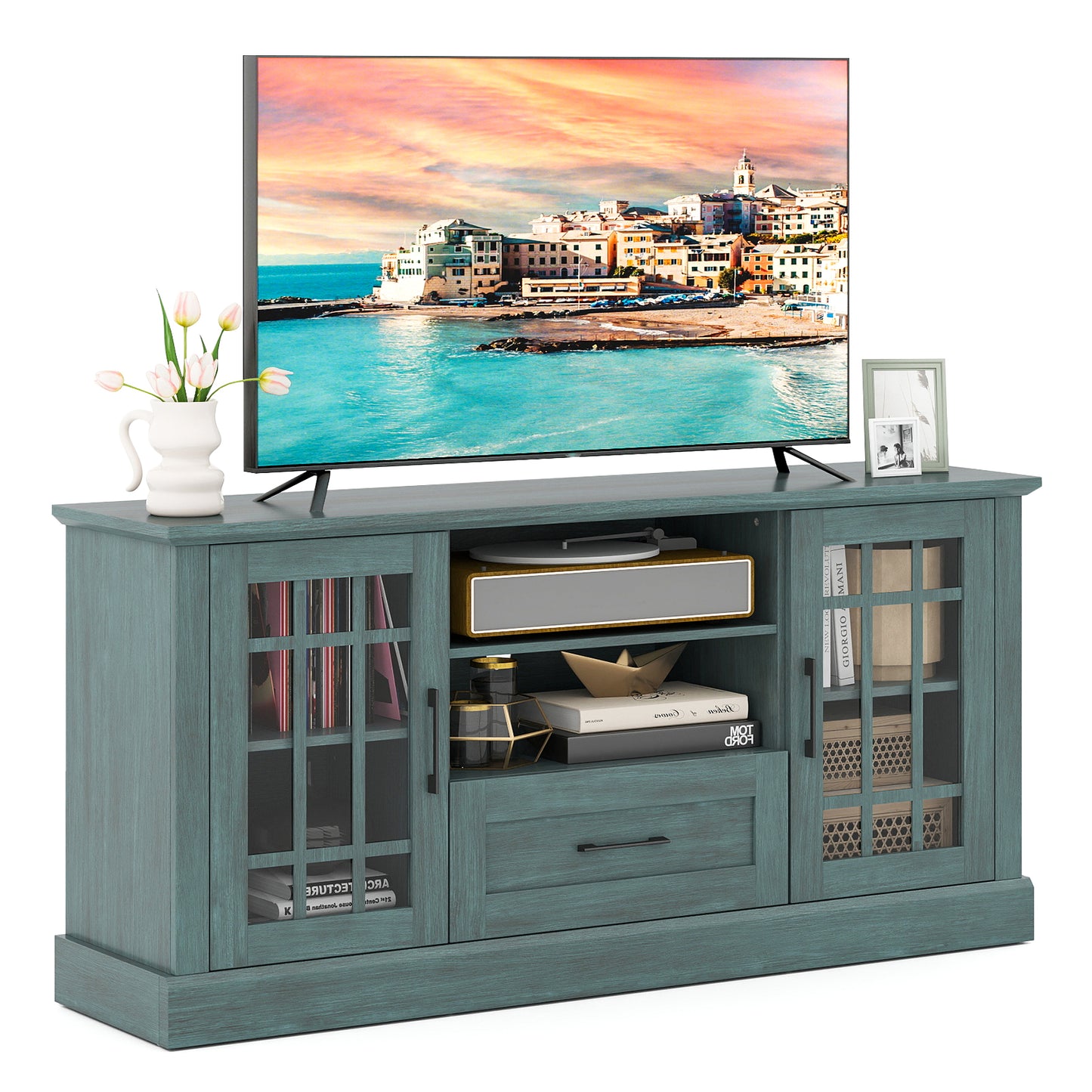 TV Stand for TVs up to 70 with Glass Doors Cubbies and Drawer, Green Entertainment Centers & TV Stands at Gallery Canada