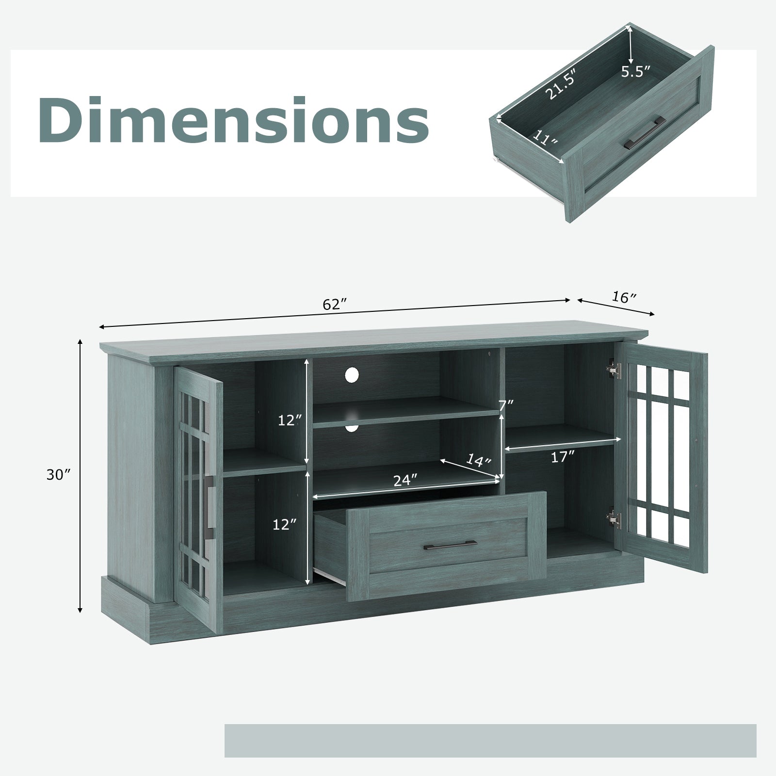 TV Stand for TVs up to 70 with Glass Doors Cubbies and Drawer, Green Entertainment Centers & TV Stands at Gallery Canada
