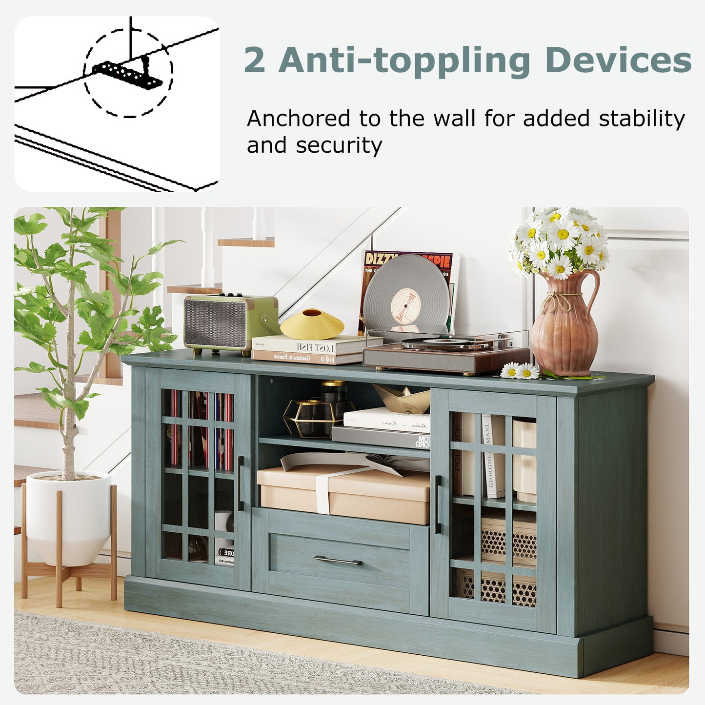 TV Stand for TVs up to 70 with Glass Doors Cubbies and Drawer, Green Entertainment Centers & TV Stands at Gallery Canada