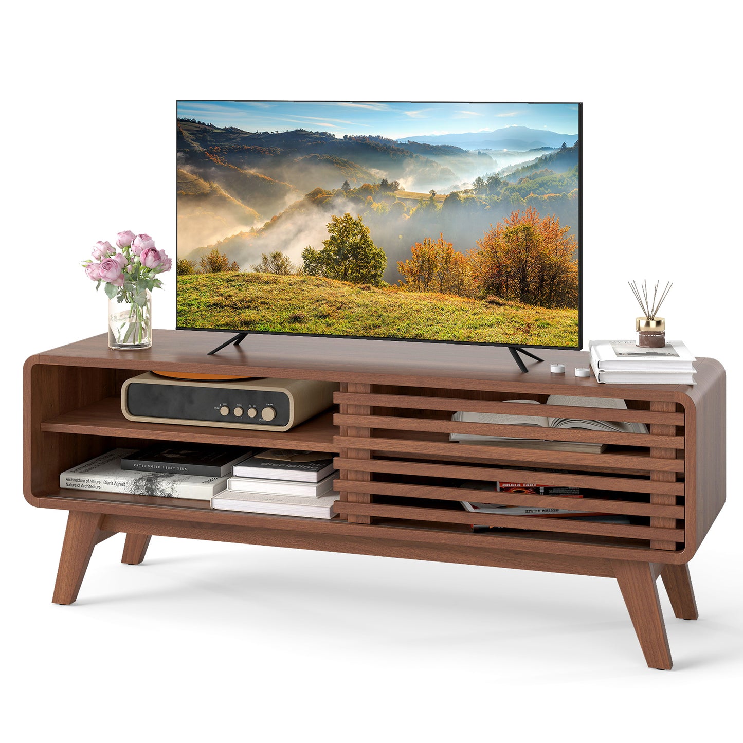 TV Stand for TVs up to 55" with Sliding Door and Adjustable Shelves for Living Room, Walnut Entertainment Centers & TV Stands Walnut at Gallery Canada