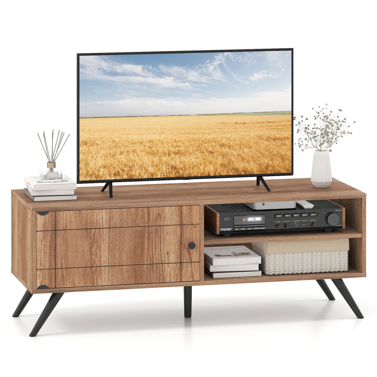 TV Stand for TVs up to 55 Inch Mid Century Modern Entertainment Center with Storage Cabinet, Oak