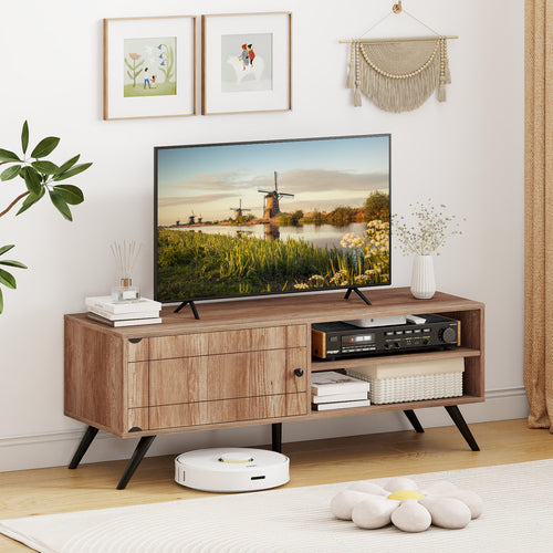 TV Stand for TVs up to 55 Inch Mid Century Modern Entertainment Center with Storage Cabinet, Oak