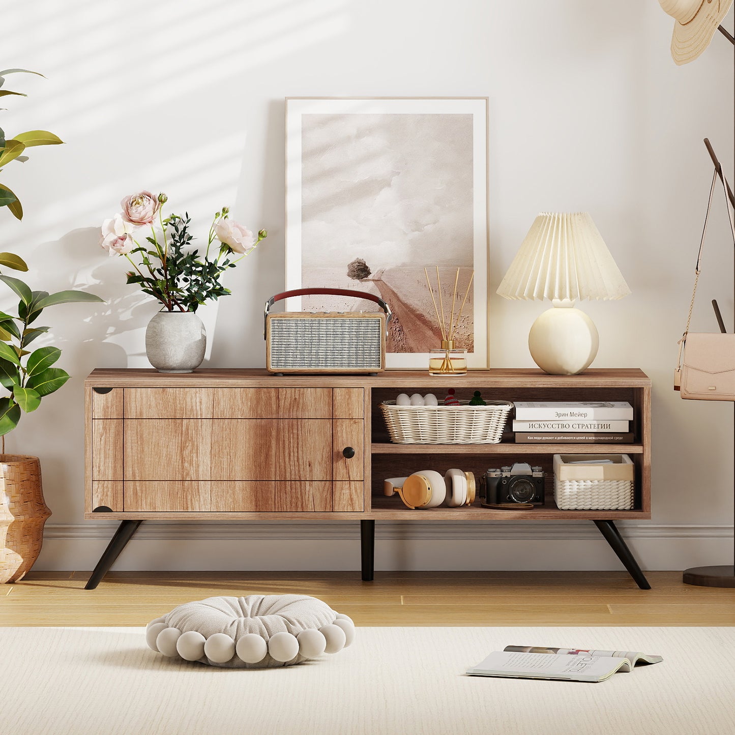 TV Stand for TVs up to 55 Inch Mid Century Modern Entertainment Center with Storage Cabinet, Oak