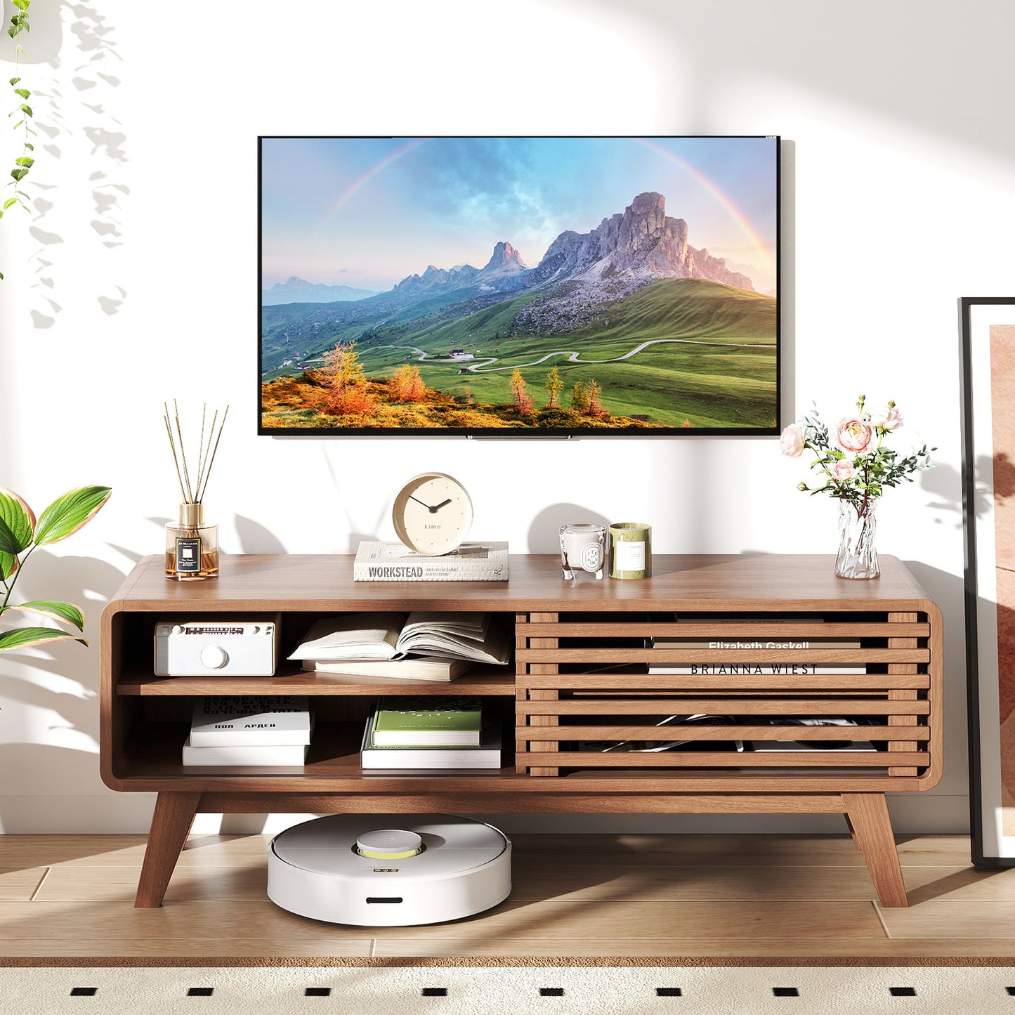 TV Stand for TVs up to 55" with Sliding Door and Adjustable Shelves for Living Room, Walnut Entertainment Centers & TV Stands at Gallery Canada